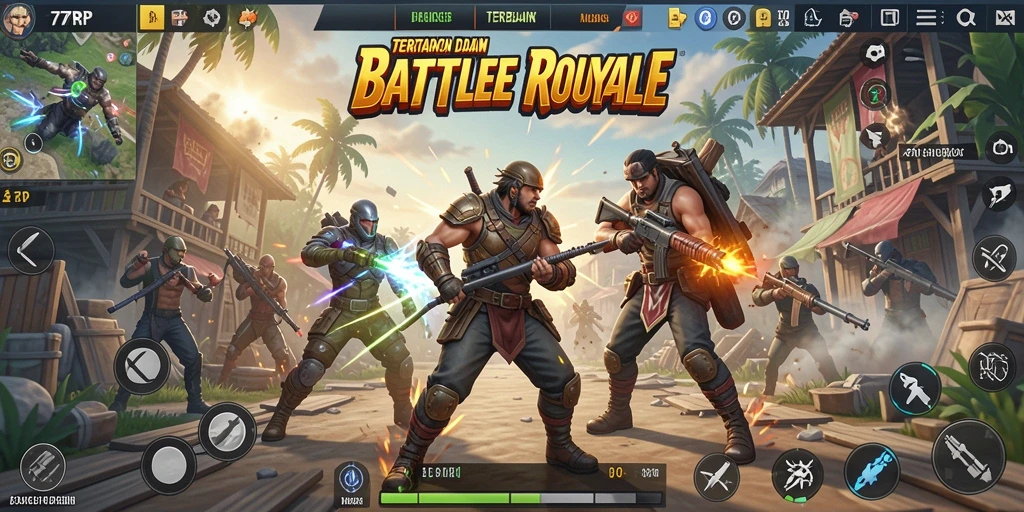 Screenshot gameplay 77RP yang menegangkan dalam pertarungan Battle Royale.