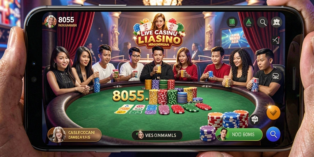 Tampilan gameplay Live Casino di aplikasi 8055 yang menarik dan interaktif.