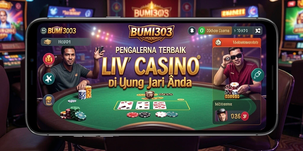 Screenshot BUMI303 menampilkan dealer live yang ramah dalam suasana kasino.