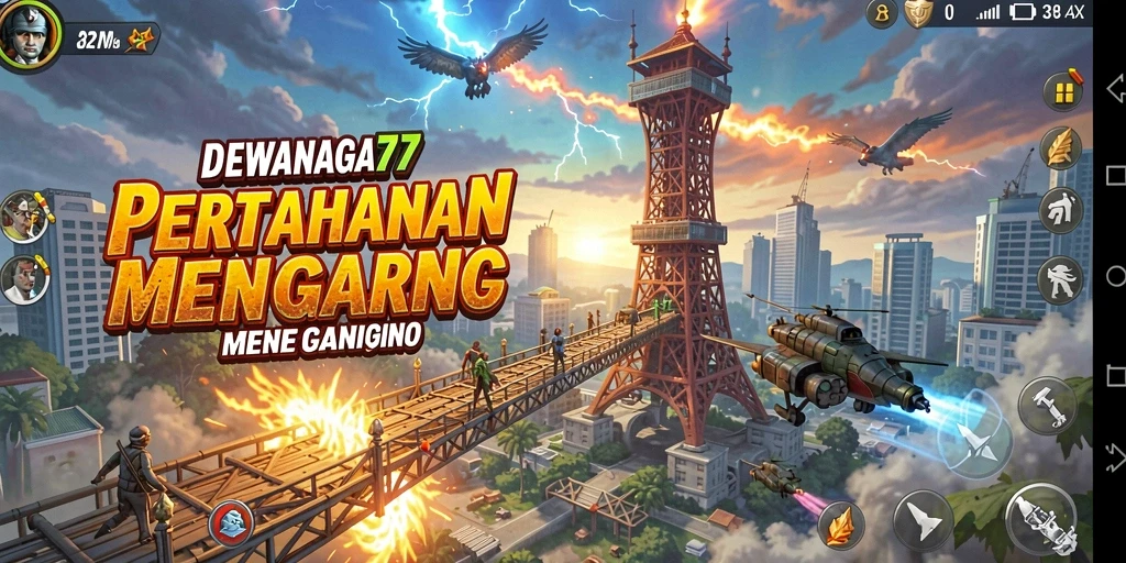 Tampilan seru gameplay DEWANAGA77 dengan menara bertahan.
