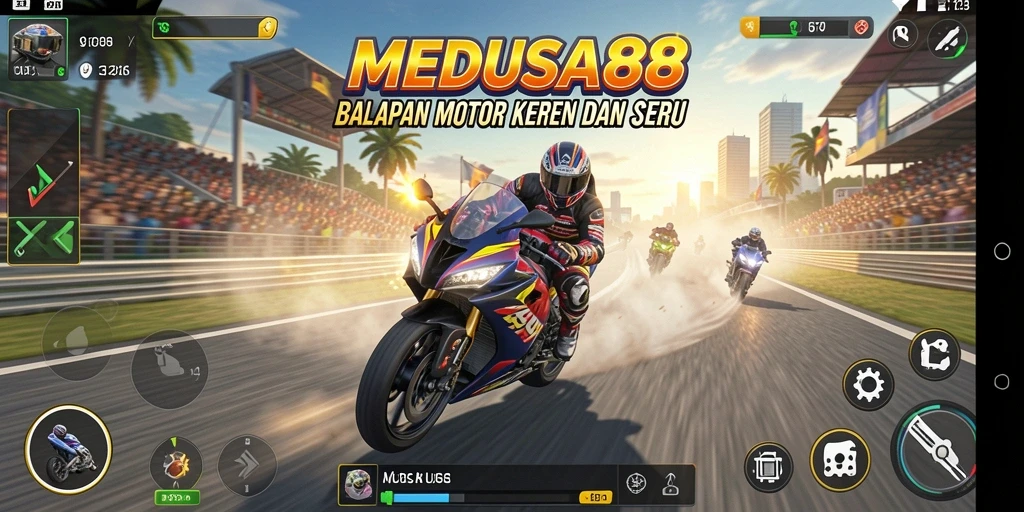 Tampilan layar permainan MEDUSA88 yang menampilkan aksi balapan motor.