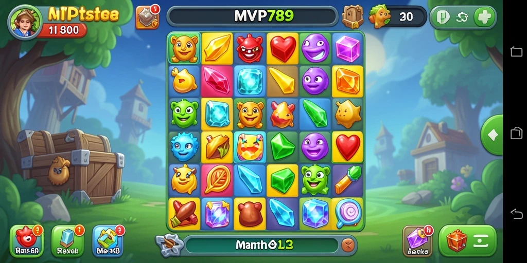 Screenshot utama MVP789 menampilkan gameplay Match-3 yang penuh warna.