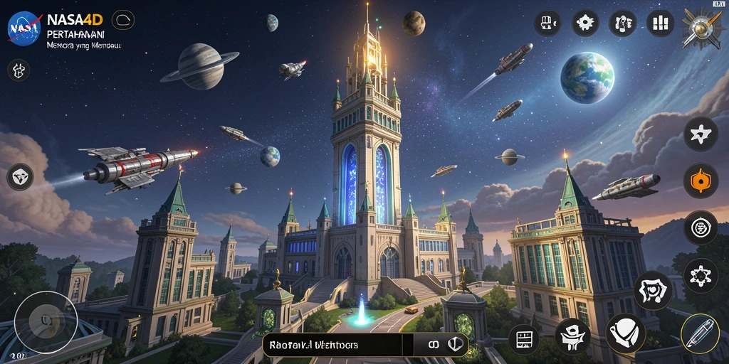 Screenshot gameplay NASA4D yang menampilkan serangan musuh dan menara pertahanan.