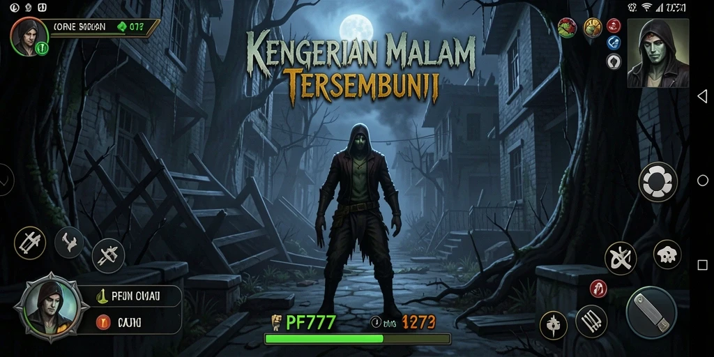 Screenshot menampilkan gameplay menegangkan di lingkungan gelap dan misterius.