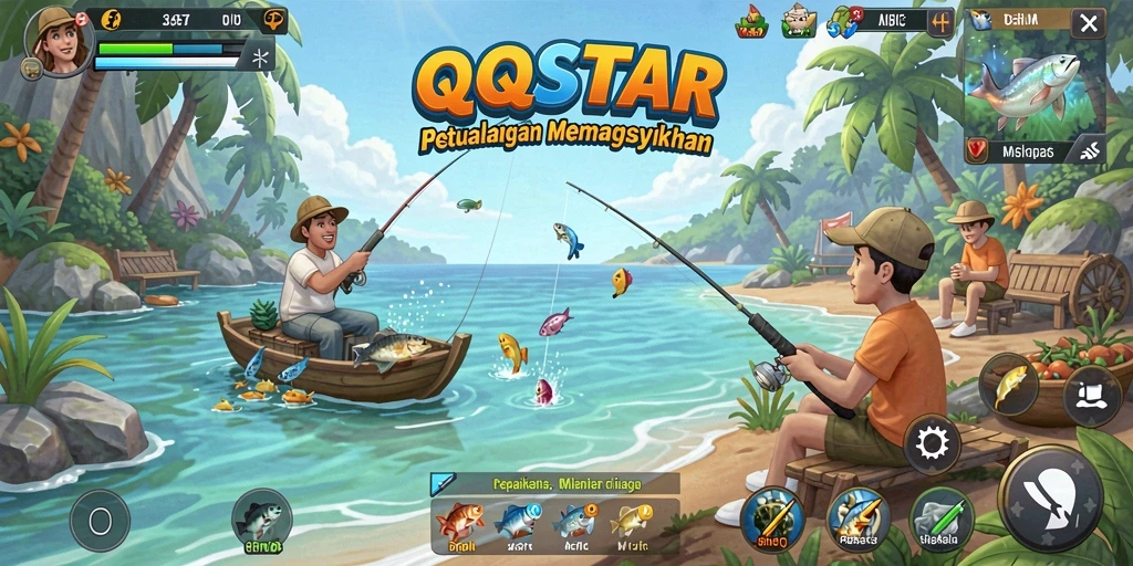 Screenshot gameplay QQSTAR menampilkan aksi memancing yang mendebarkan.