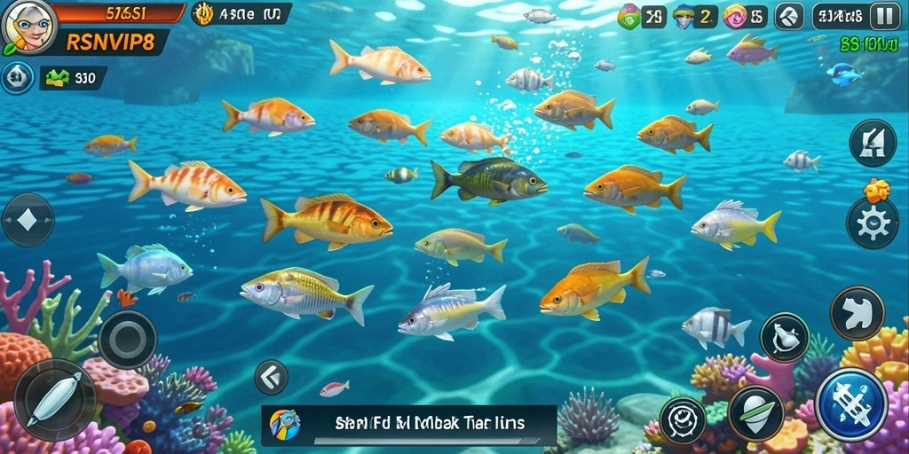 Tampilan gameplay seru dengan berbagai ikan untuk ditangkap.