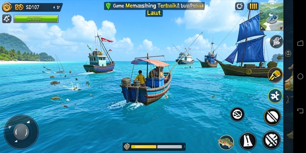 Screenshot gameplay SD107 yang menunjukkan aksi memancing yang seru.