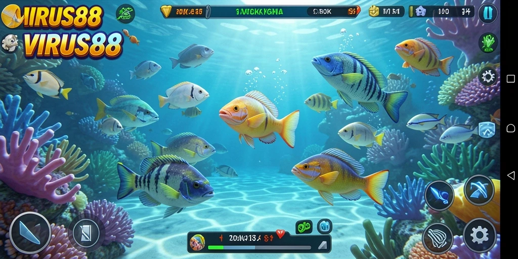 Tampilan gameplay seru dari VIRUS88 saat menembak ikan.