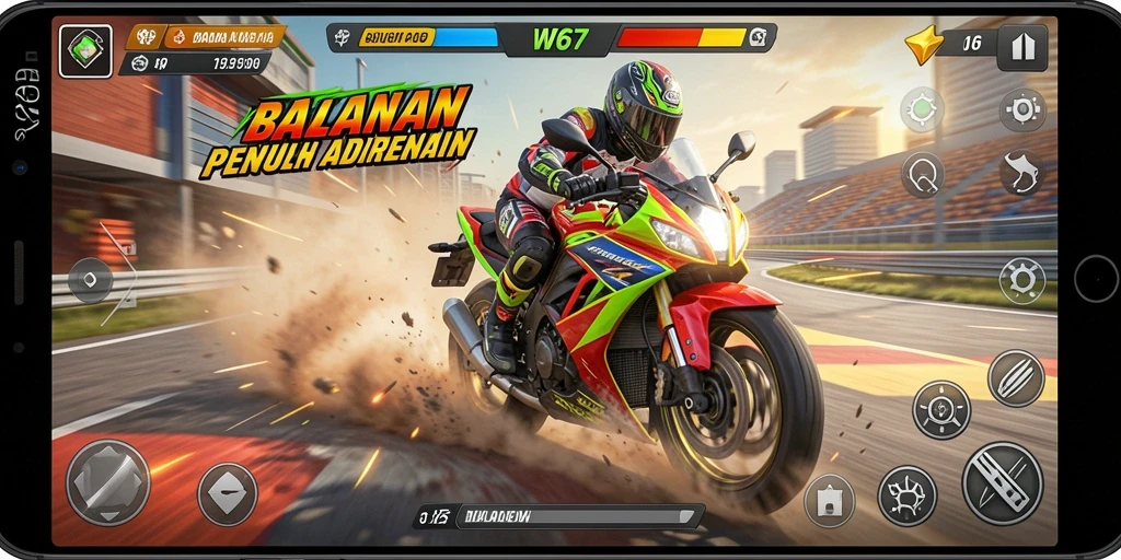 Tangkapan layar W67 menampilkan aksi balapan motor yang seru dan mendebarkan.